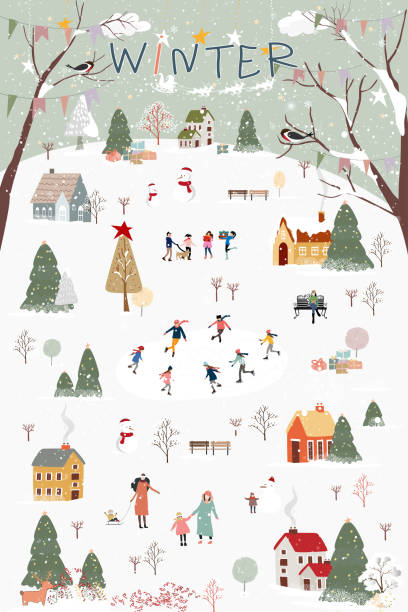 ilustrações de stock, clip art, desenhos animados e ícones de winter wonderland landscape background at night with people celebration and kids having fun at park in village.vector illustration cute cartoon for greeting card  or banner for christmas or new year - christmas village urban scene winter