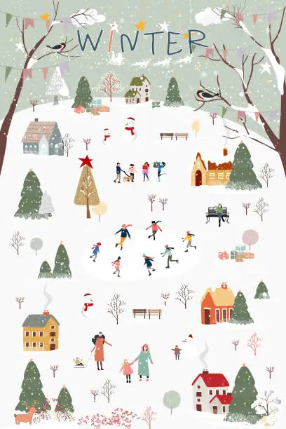 Vector illustration of Winter wonderland landscape background at night with people celebration and kids having fun at park in village.Vector illustration Cute cartoon for greeting card  or banner for Christmas or New Year