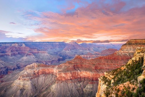 Beautiful colors and shapes of the Grand Canyon shortly after the sunset at Yavapai Point. Arizona, USA