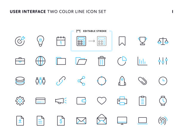 benutzeroberfläche universelles zweifarbiges liniensymbol-set - calculator symbol computer icon vector stock-grafiken, -clipart, -cartoons und -symbole