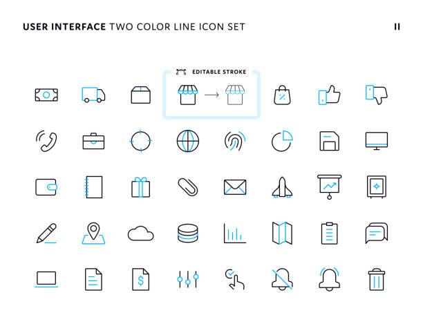 ilustraciones, imágenes clip art, dibujos animados e iconos de stock de interfaz de usuario web universal two color line icon set ii - twotone