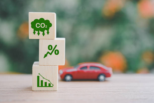 istock stack of wooden block with co2 reduction icon concept and blurred miniature car  for CO2 emission ,green industries business . Net zero emissions. renewable energy, sustainable technology 1383409725