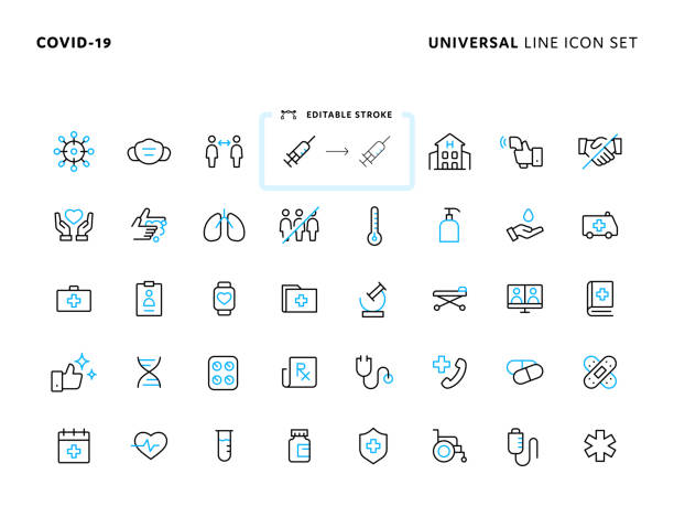 ilustraciones, imágenes clip art, dibujos animados e iconos de stock de conjunto de iconos de dos líneas de color universales covid-19 - twotone