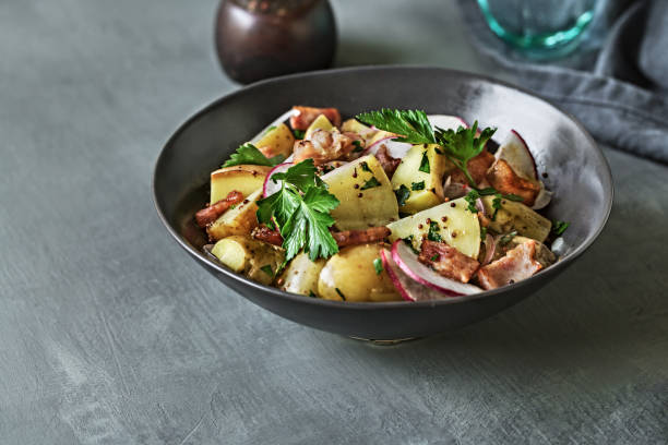 potato with bacon, radish salad - skink och potatissallad bildbanksfoton och bilder