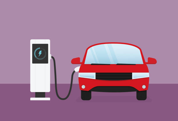 An electric vehicle is charging the battery Battery Charger, Technology, Empty battery, Power station hybrid car stock illustrations