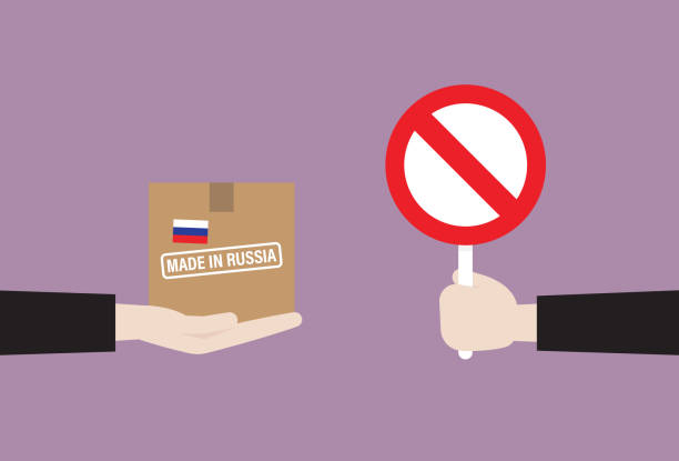 illustrazioni stock, clip art, cartoni animati e icone di tendenza di uomo d'affari mostra il segno di divieto per l'imballaggio dalla russia - proibizione illustrazioni