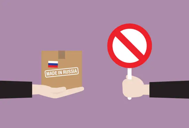 Vector illustration of Businessman show prohibition sign to packaging from Russia