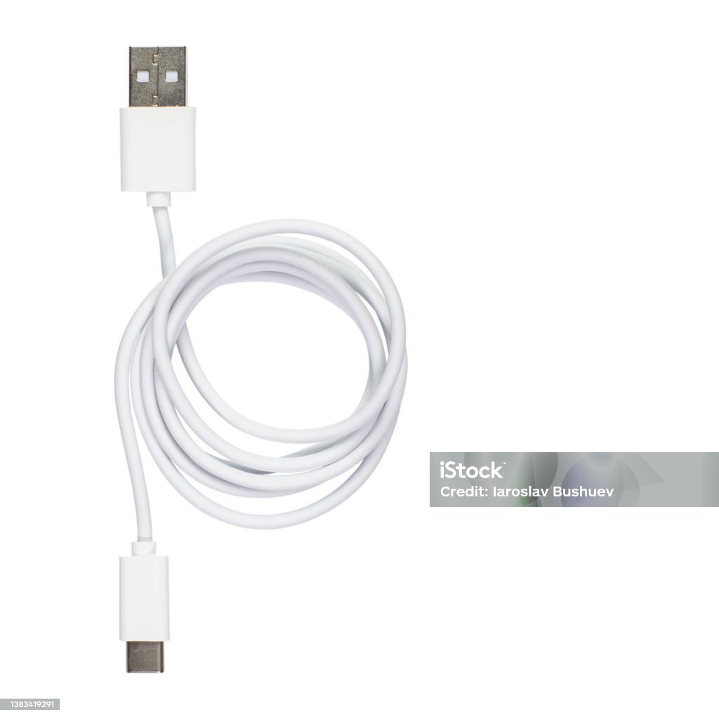 Usb usb-c white data cable on white isolate, for the marketplace or online store, copy space. White Color Stock Photo