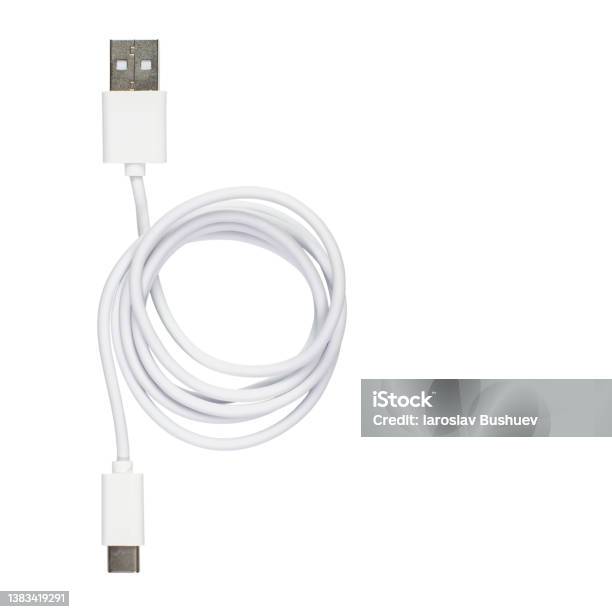 Usb Usbc White Data Cable On White Isolate For The Marketplace Or Online Store Copy Space Stock Photo - Download Image Now