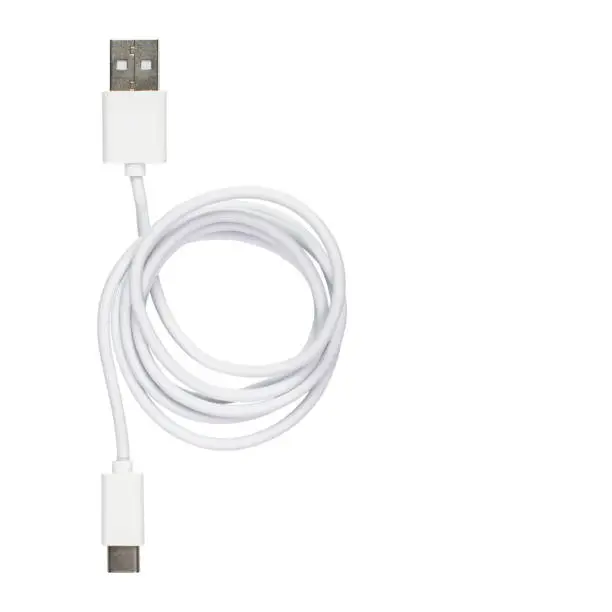 Photo of Usb usb-c white data cable on white isolate, for the marketplace or online store, copy space.