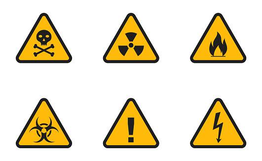 Set of triangular hazard warning signs. Set of triangle yellow warning icons. Warning label. Vector illustration