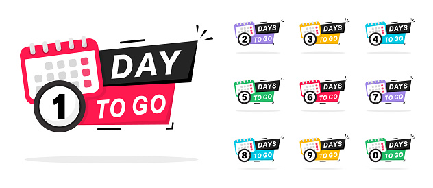 Days Left Badges and Stickers. Countdown of days 1,2,3,4,5,6,7,8,9,0.  Sale time countdown. Offer timer, sticker limited to few days. Countdown banner of days to go. Vector illustration. Flat style