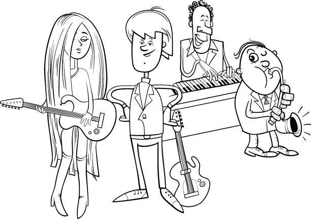 ilustrações, clipart, desenhos animados e ícones de cartoon girl e cara com guitarras e página de coloração de banda musical - banda desenhada publicação