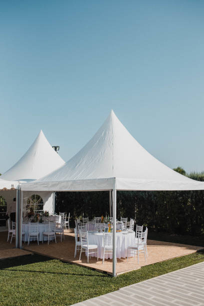 istock Table setting at a luxury event and beautiful flowers on the table. Beautiful wedding arch of flowers 1383430111