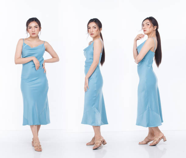 collage full length body of 30s asian chinese woman wear blue pajamas dress black long straight hair - fashion fashion model asian ethnicity tall imagens e fotografias de stock