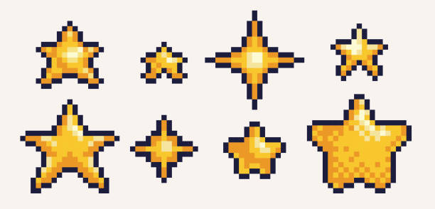 ilustrações de stock, clip art, desenhos animados e ícones de shiny golden stars pixel art icon set. rating or ranking symbols logo collection. - video game flash