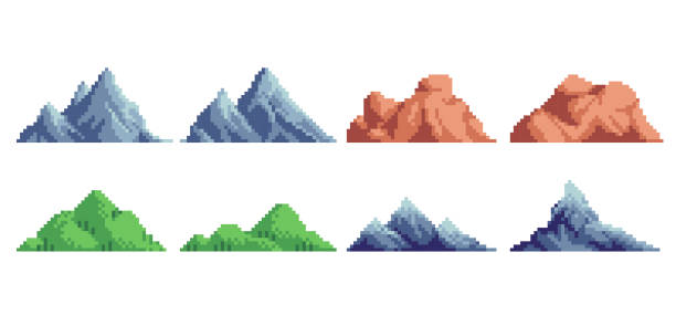 ilustrações, clipart, desenhos animados e ícones de montanhas e colinas pixel art ícone conjunto. diferentes elementos paisagísticos coleção. - silhouette landscape cliff mountain