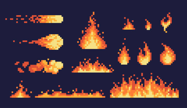 Fire and flames pixel art icon set. Flare sparkles, ignitions logo collection. 8-bit sprite. Game development, mobile app.  Isolated vector illustration. wildfire smoke stock illustrations