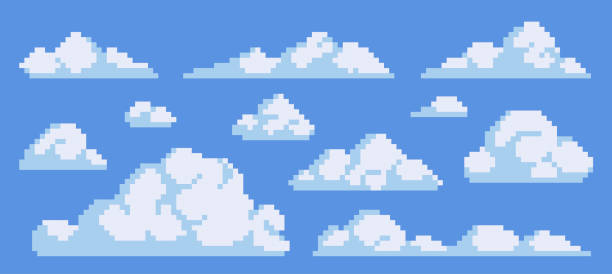 flauschige wolken pixel art icon set. rauch oder nebel, sky elements logo kollektion. - pixel art stock-grafiken, -clipart, -cartoons und -symbole