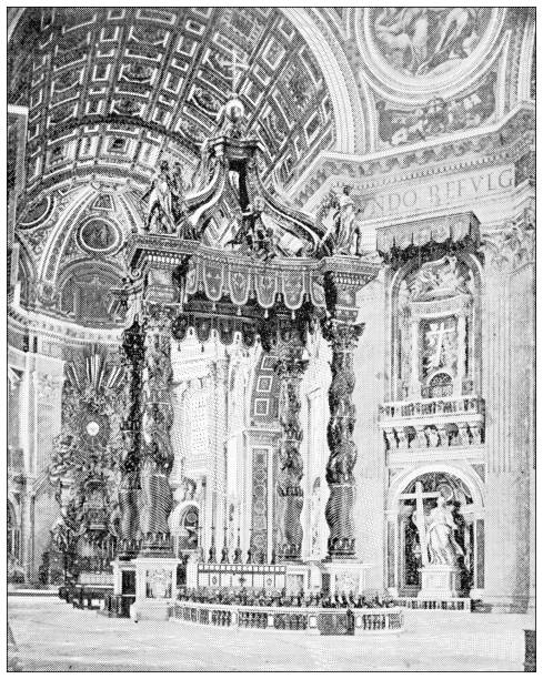 로마의 골동품 여행 사진: 성 베드로 광장과 대성당 - style st peters basilica travel destinations architecture stock illustrations