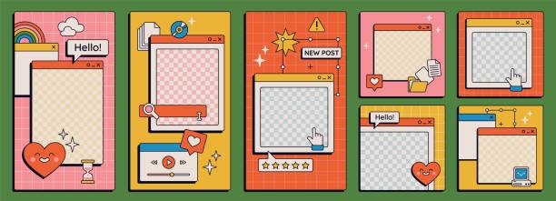 stockillustraties, clipart, cartoons en iconen met cute nostalgic 90s retro vaporwave post and story template. social media stories and posts with old computer aesthetic ui elements vector set - social media