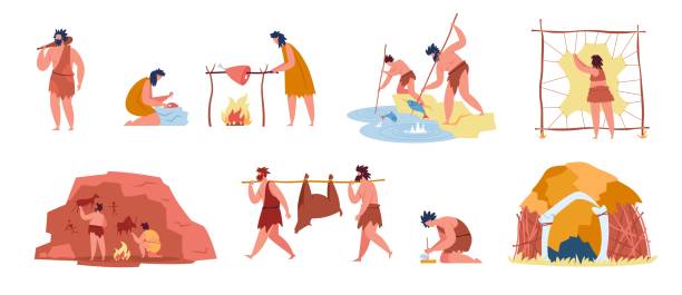 Prehistoric people with stone age tools, Cavemen hunt mammoth. Primitive characters hunting, cooking food, making fire, caveman hut vector set Prehistoric people with stone age tools, Cavemen hunt mammoth. Primitive characters hunting, cooking food, making fire, caveman hut vector set. Illustration of people primitive hunting ancient history stock illustrations