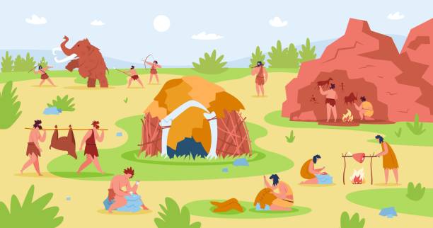 Primitive people life scene, stone age characters lifestyle. Prehistoric men hunting mammoth, caveman cooking food vector illustration Primitive people life scene, stone age characters lifestyle. Prehistoric men hunting mammoth, caveman cooking food vector illustration. Primitive prehistoric caveman and tribe barbarian cartoon pictures stock illustrations