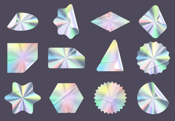 Wrinkled holographic stickers, rainbow hologram foil labels. Shiny iridescent tags with curved edges, guarantee seal emblem vector set vector art illustration