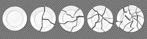 Broken plates, shattered food plate, cracked porcelain dishes. Realistic empty white dish broke into pieces, ceramic shards vector set vector art illustration