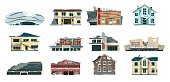 istock Ruined city buildings, old abandoned and destroyed houses. Collapsed house, decayed building, town ruins after natural disaster vector set 1383447082
