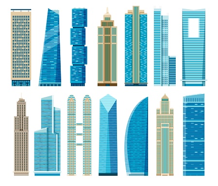 Flat skyscrapers, business office towers, modern glass skyscraper. Downtown apartment building, residential city architecture vector set. Illustration of tower skyscraper urban