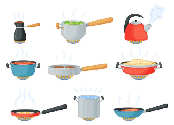 illustrazioni stock, clip art, cartoni animati e icone di tendenza di pentole dei cartoni animati sul fornello, cucinare il cibo in padella o casseruola. bollitore con acqua bollente, pentola con zuppa, padelle su bruciatore a gas set vettoriale - pan frying pan fried saucepan