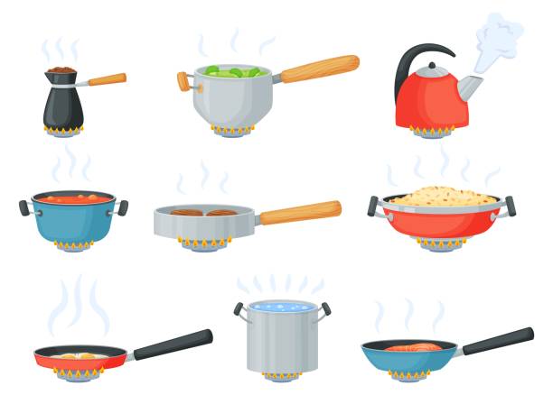 Cartoon cookware on stove, cooking food in frying pan or saucepan. Kettle with boiling water, pot with soup, pans on gas burner vector set Cartoon cookware on stove, cooking food in frying pan or saucepan. Kettle with boiling water, pot with soup, pans on gas burner vector set of kitchen utensil, pan and cookware illustration chef cooking flames stock illustrations