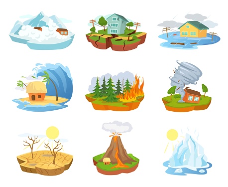 Cartoon natural disasters and catastrophes, extreme weather. Earthquake, flood, forest fire, hurricane, tsunami disaster vector set. Illustration of catastrophe disaster natural