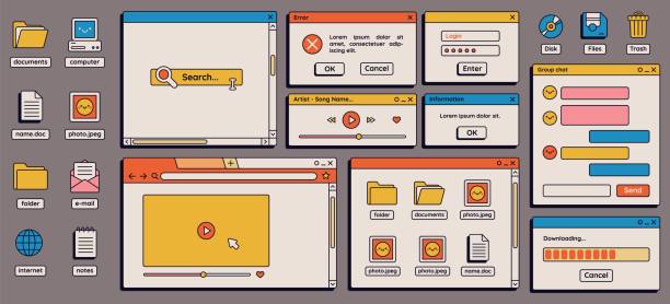 illustrations, cliparts, dessins animés et icônes de anciens éléments d’interface utilisateur de bureau rétro vaporwave des années 90. interface utilisateur d’ordinateur nostalgique mignonne, icônes esthétiques vintage et ensemble de vecteurs windows - problems computer technology pc