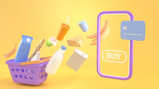 Online shopping in mobile app. Smartphone with buy button, credit card and basket with fly grocery. Supermarket cart with cheese, fruits, milk and bread. Delivery products from retail store. 3d banner