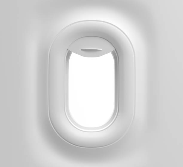 istock Aircraft window, front view. Rounded airplane porthole with open curtain and white sunlight outside. Realistic mockup of plane cabin interior with illuminator of plastic and plexiglass, 3d render 1383447856