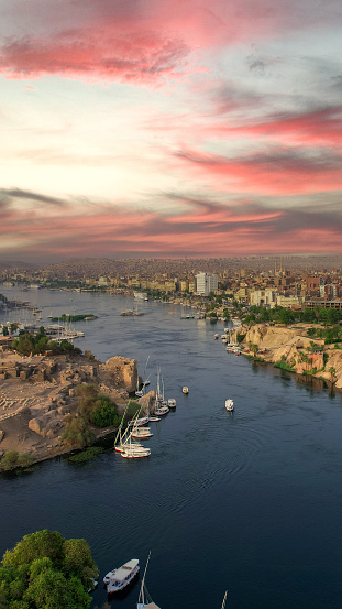 A beautiful overview of Aswan and its Nile River from the sky. Egypt