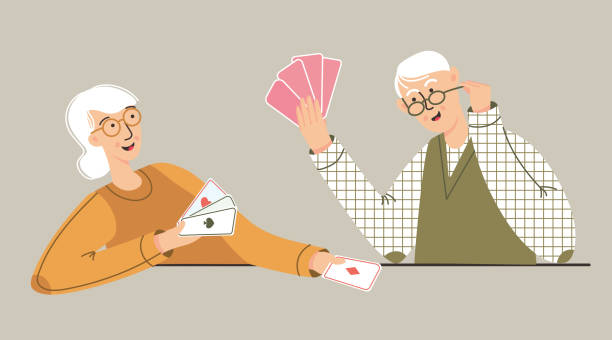 나이 든 남자와 여자 카드 게임에서 재생. 노인 가족이나 노인 친구가 함께 시간을 보내고 - senior adult grandmother grandfather cards stock illustrations