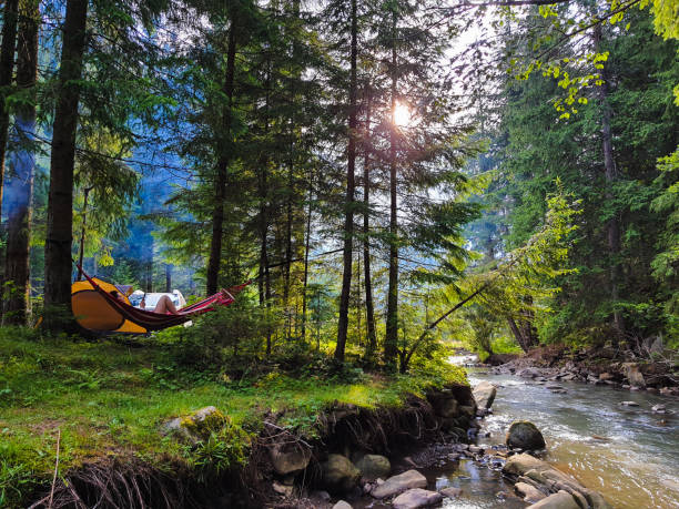 woman resting laying on hammock at camping site woman resting laying on hammock at camping site summer vacation green forest camping stock pictures, royalty-free photos & images