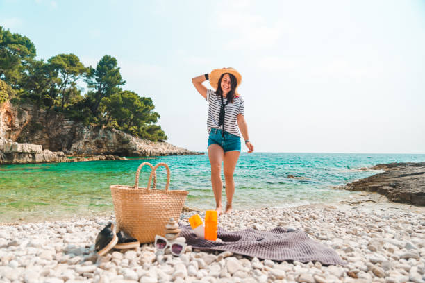 istock beach stuff straw hat and bag with flippers and sun protection cream 1383464130