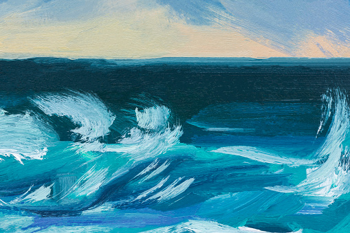 Sea oil painting. Abstract turquoise seascape. Impressionism, plein-air sketch, fragment of a wave. The concept of summer, rest. Artistic pictorial background for creative design of postcards, covers.
