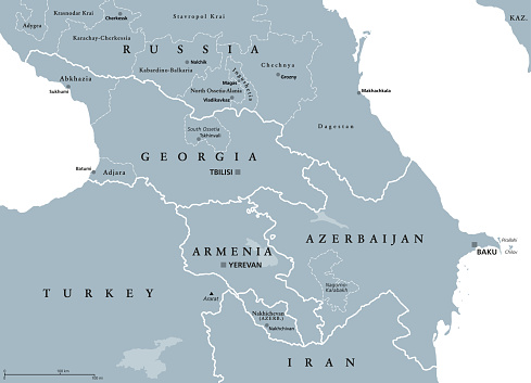 The Caucasus, or Caucasia, gray political map. Region between the Black Sea and the Caspian Sea, mainly occupied by Armenia, Azerbaijan, Georgia, and parts of Southern Russia. Map with disputed areas.