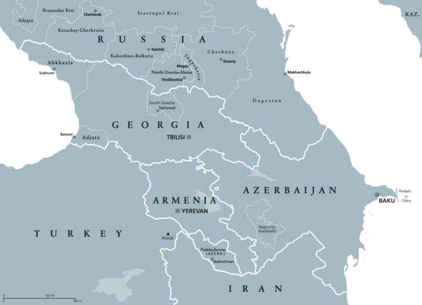 The Caucasus, gray political map, region between Black and Caspian Sea The Caucasus, or Caucasia, gray political map. Region between the Black Sea and the Caspian Sea, mainly occupied by Armenia, Azerbaijan, Georgia, and parts of Southern Russia. Map with disputed areas. armenia country stock illustrations