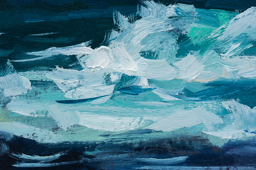 Sea oil painting. Abstract turquoise seascape. Impressionism, plein air sketch, fragment of a wave. The concept of summer, rest. Artistic pictorial background for creative design of postcards, covers.