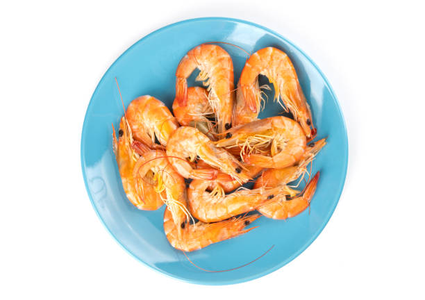 A Plate of Cooked Shrimp on White Background