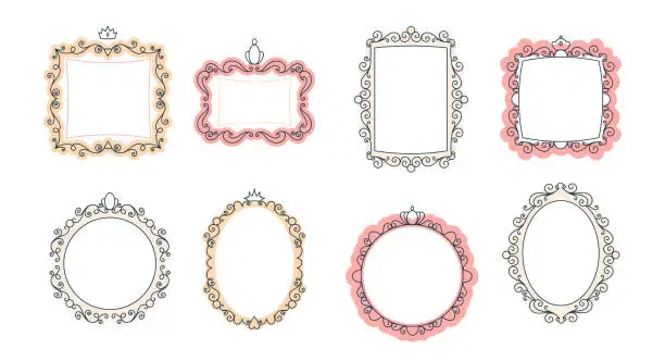 Vector illustration of Cute set of mirrors for a princess with crowns