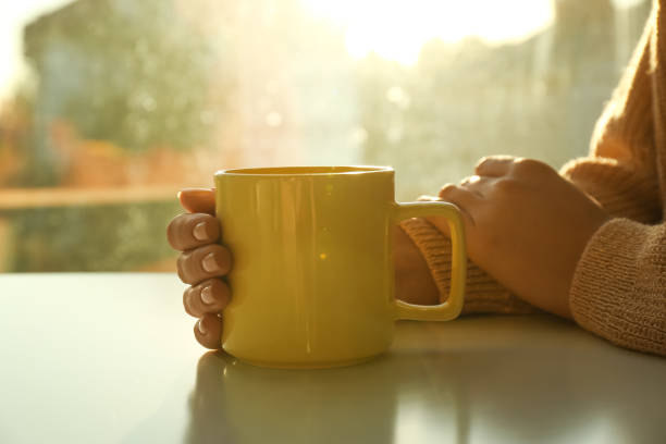 istock Woman with elegant cup at table at home, closeup 1383473219