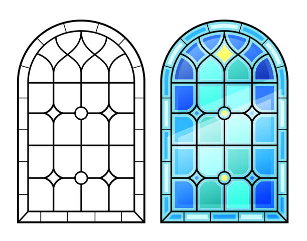 арочное винтажное старое окно с витражами - glass art stained window stock illustrations