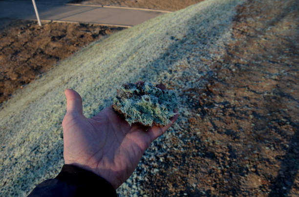 stabilization of slopes by hydro sowing. a mixture of wood pulp and green grass seed is sprayed from the tank directly onto the bare soil. creates a crust and germinating seed, erosion control stabilization of slopes by hydro sowing. a mixture of wood pulp and green grass seed is sprayed from the tank directly onto the bare soil. creates a crust and germinating seed, quality control, cellulose, adhesive binder, bare, detail, soil, stabilize, greenery, hydro seeding, semaphore, pulp erosion control stock pictures, royalty-free photos & images